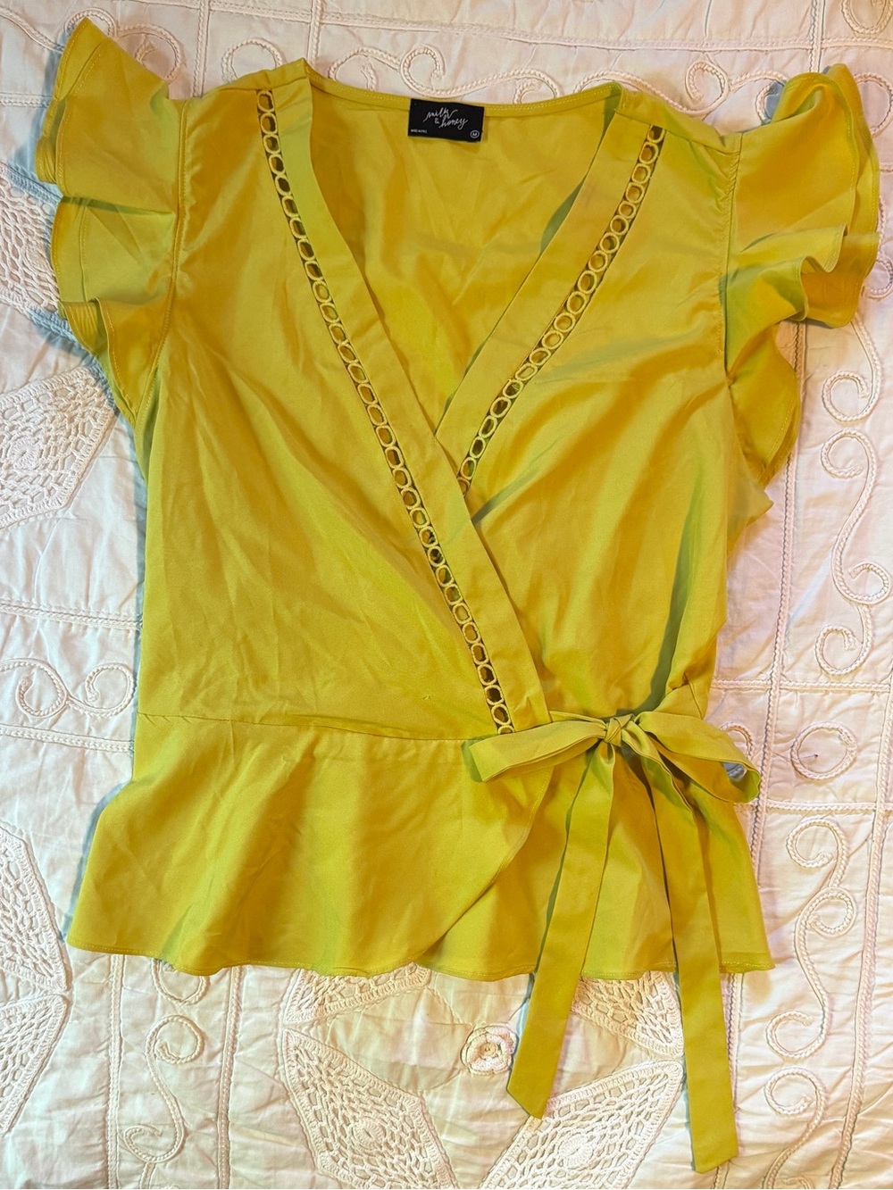 Milk & Honey Lime Yellow Wrap Top with Flutter Sleeves and Tie Waist M